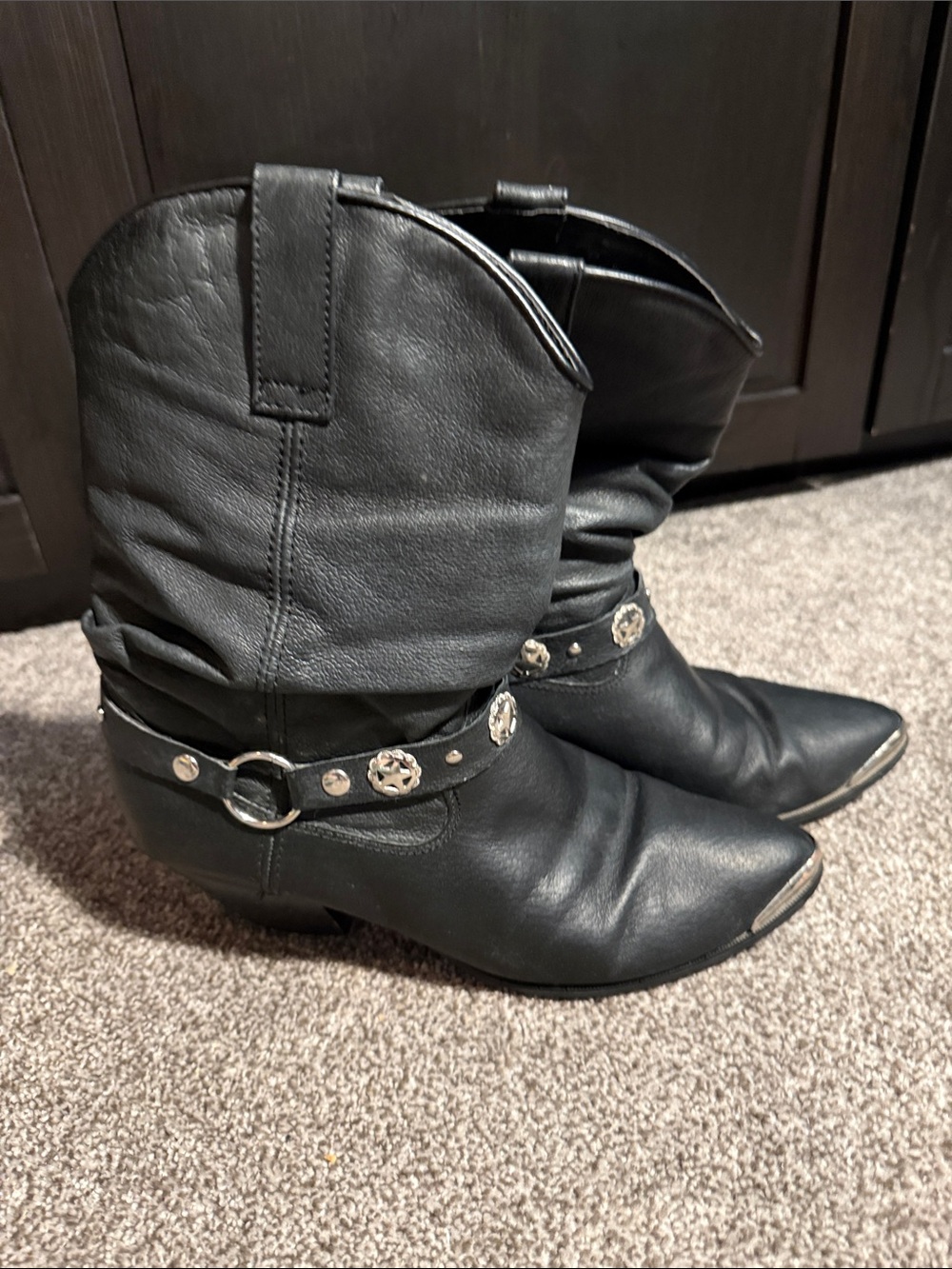 Dingo Black Pointed-Toe Western Ankle Boots with Silver Concho Harness